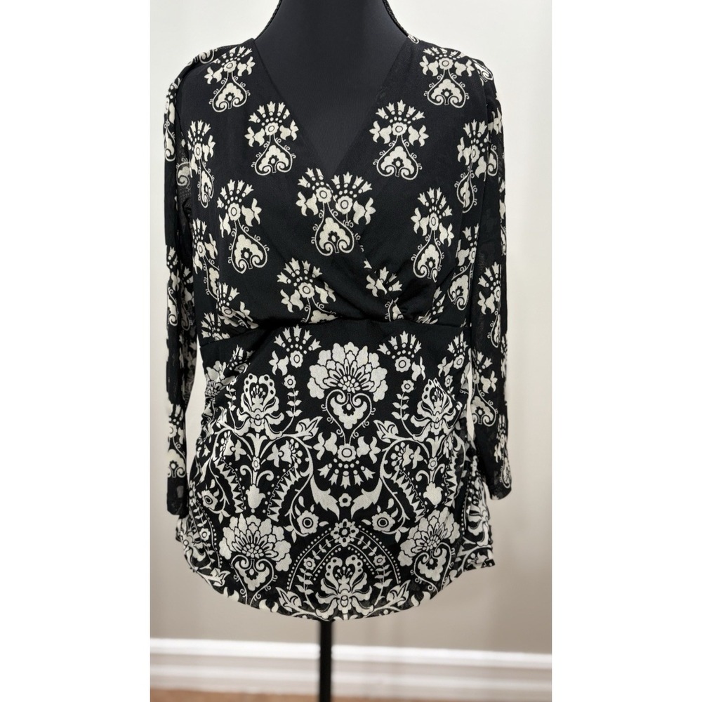 VTG Worthington Womens XL Black Floral Mesh Babydoll Top Sheer Sleeve Y2K Fairy